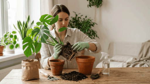 person repotting indoor plant near window with fresh soil and new pot in bright natural light (1)