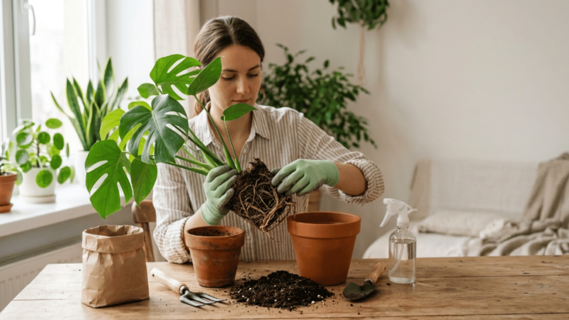person repotting indoor plant near window with fresh soil and new pot in bright natural light (1)