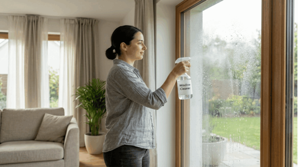 person spraying vinegar window cleaning solution evenly on glass surface in bright indoor setting