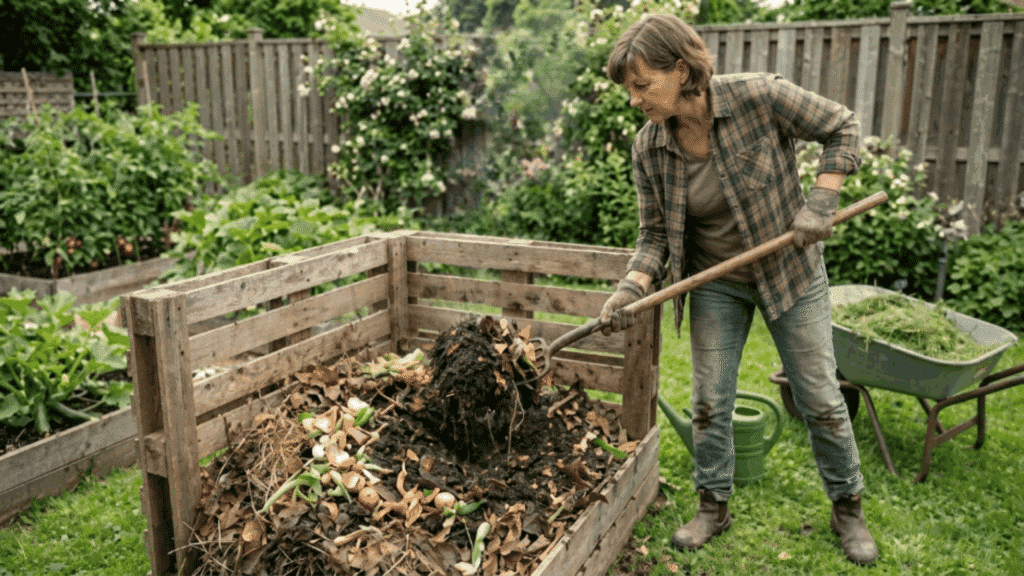 person turning compost pile with a shovel in a backyard garden, showing active aeration and maintenance process.png Uploaded through