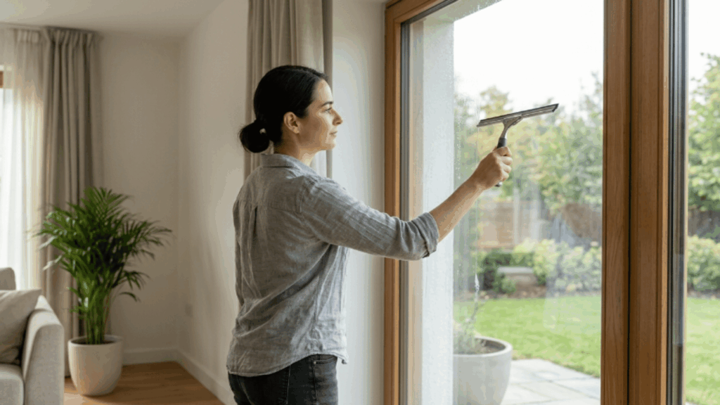 person using squeegee on large window pulling downward for smooth and streak free cleaning