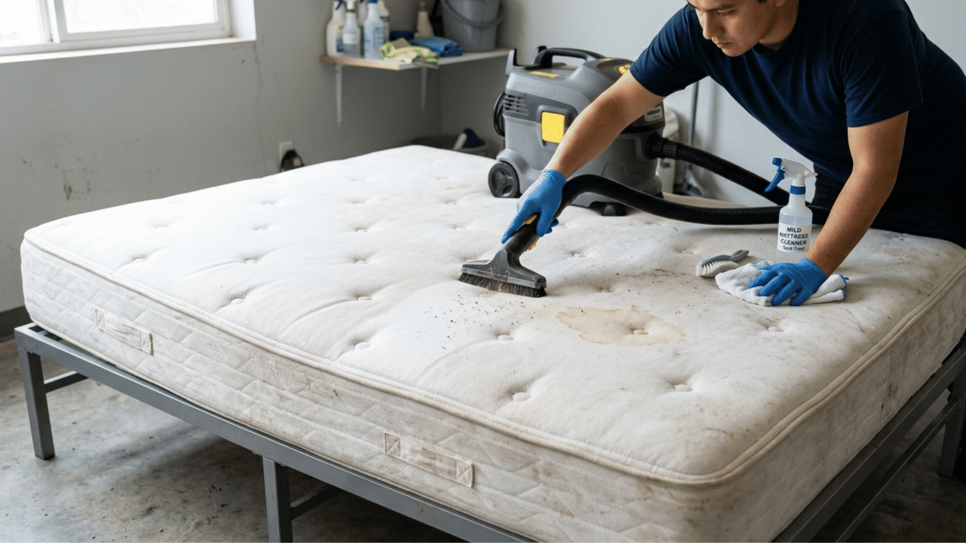 person vacuuming and cleaning a stained mattress indoors with tools and cleaner.
