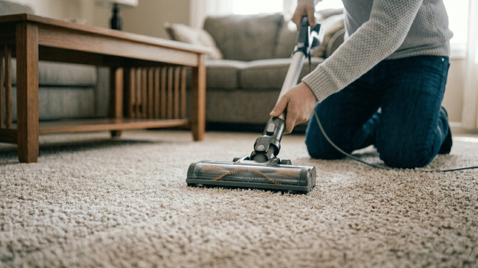 person vacuuming carpet to remove baking soda residue in a clean living room.