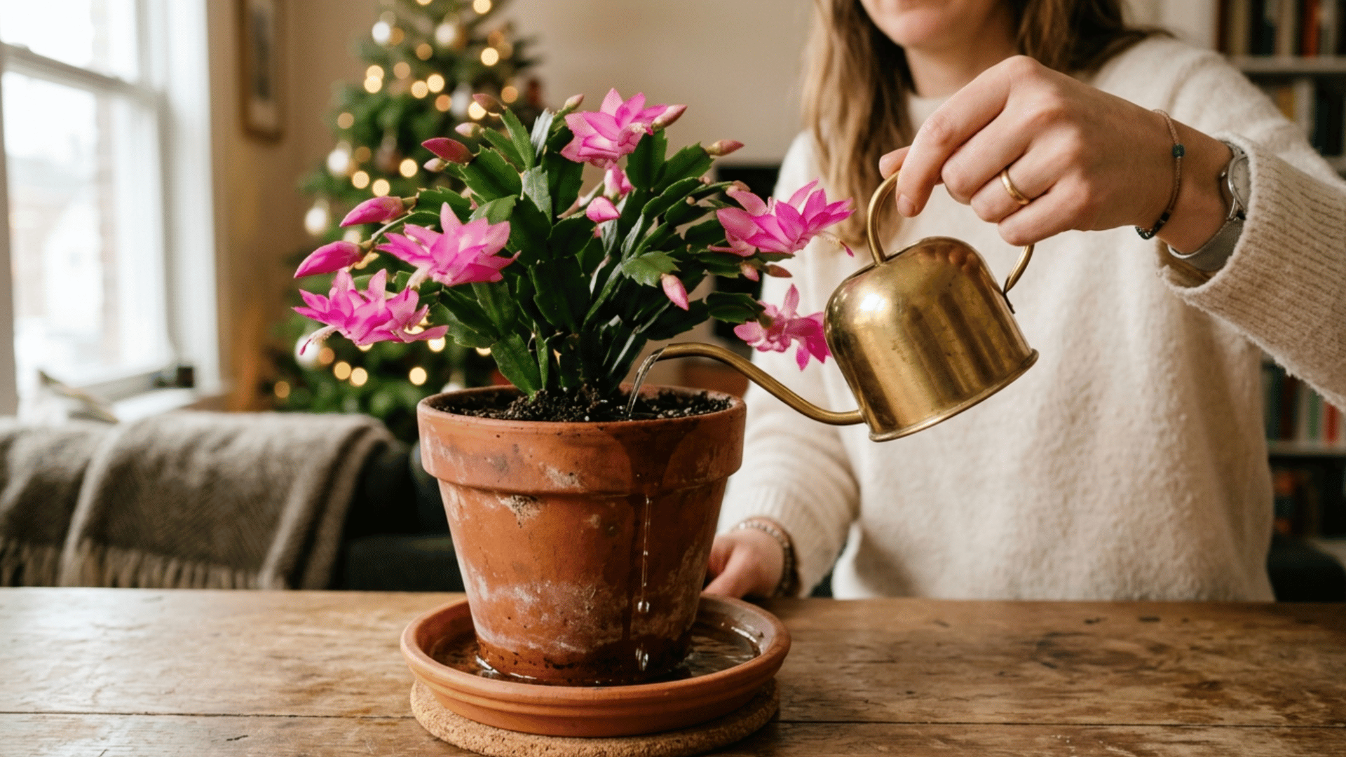 person watering christmas cactus in terracotta pot with excess water draining and checking soil moisture indoors