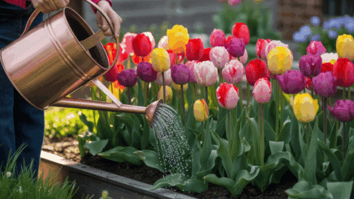 person watering colorful tulips in a garden bed using a metal watering can, providing gentle care to blooming spring flowers outdoors