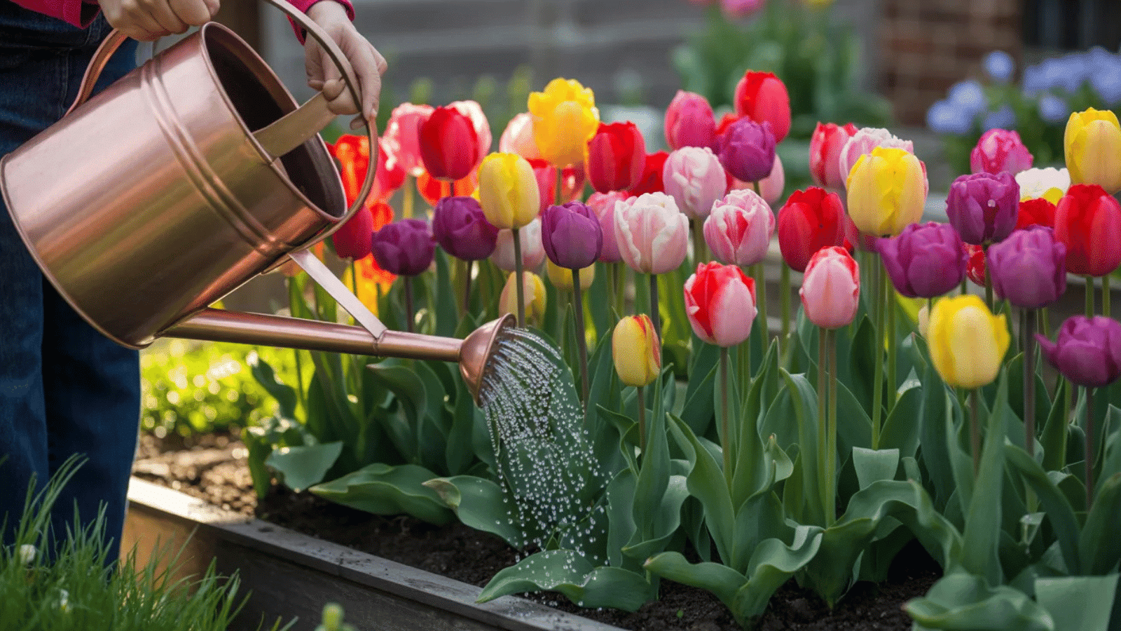 person watering colorful tulips in a garden bed using a metal watering can, providing gentle care to blooming spring flowers outdoors