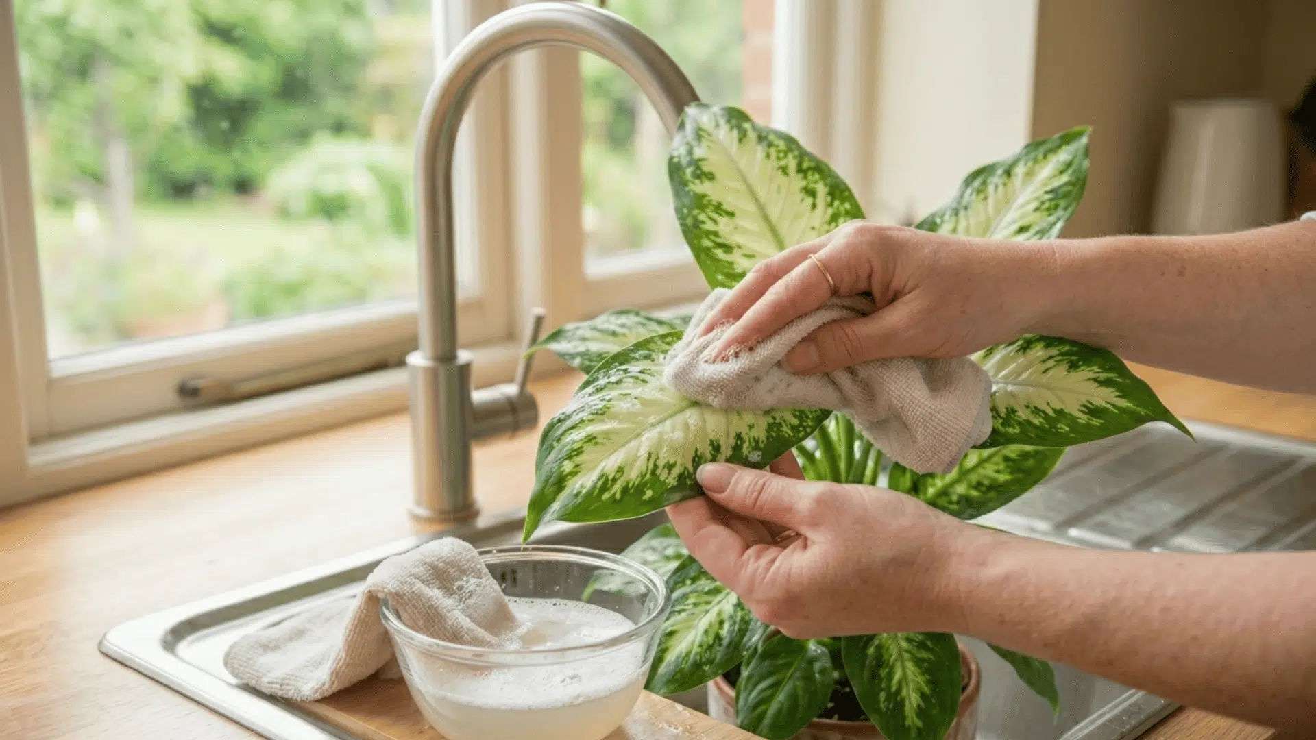 person wiping plant leaves with cloth and soapy water to remove spider mites and keep leaves clean