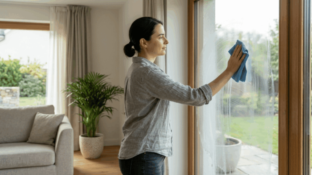 person wiping window with microfiber cloth in one direction to clean glass