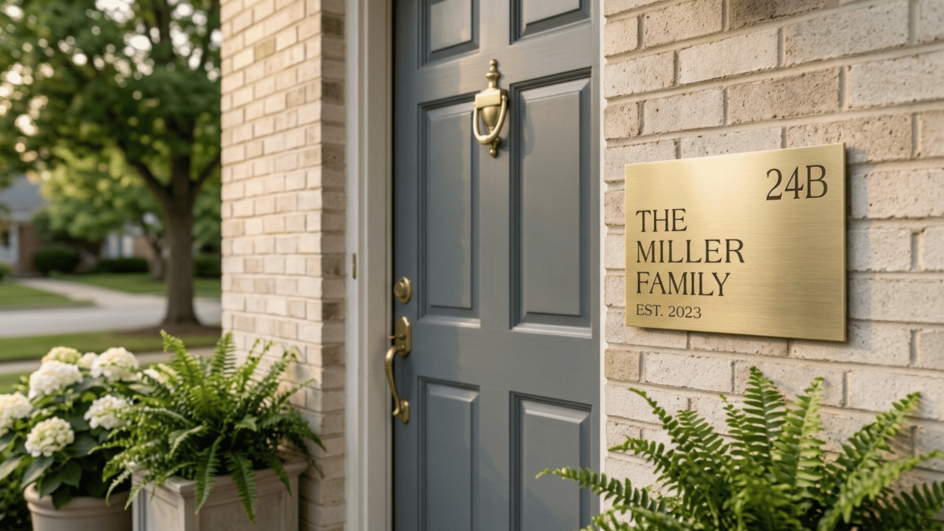 personalized name board mounted near front door with plants.