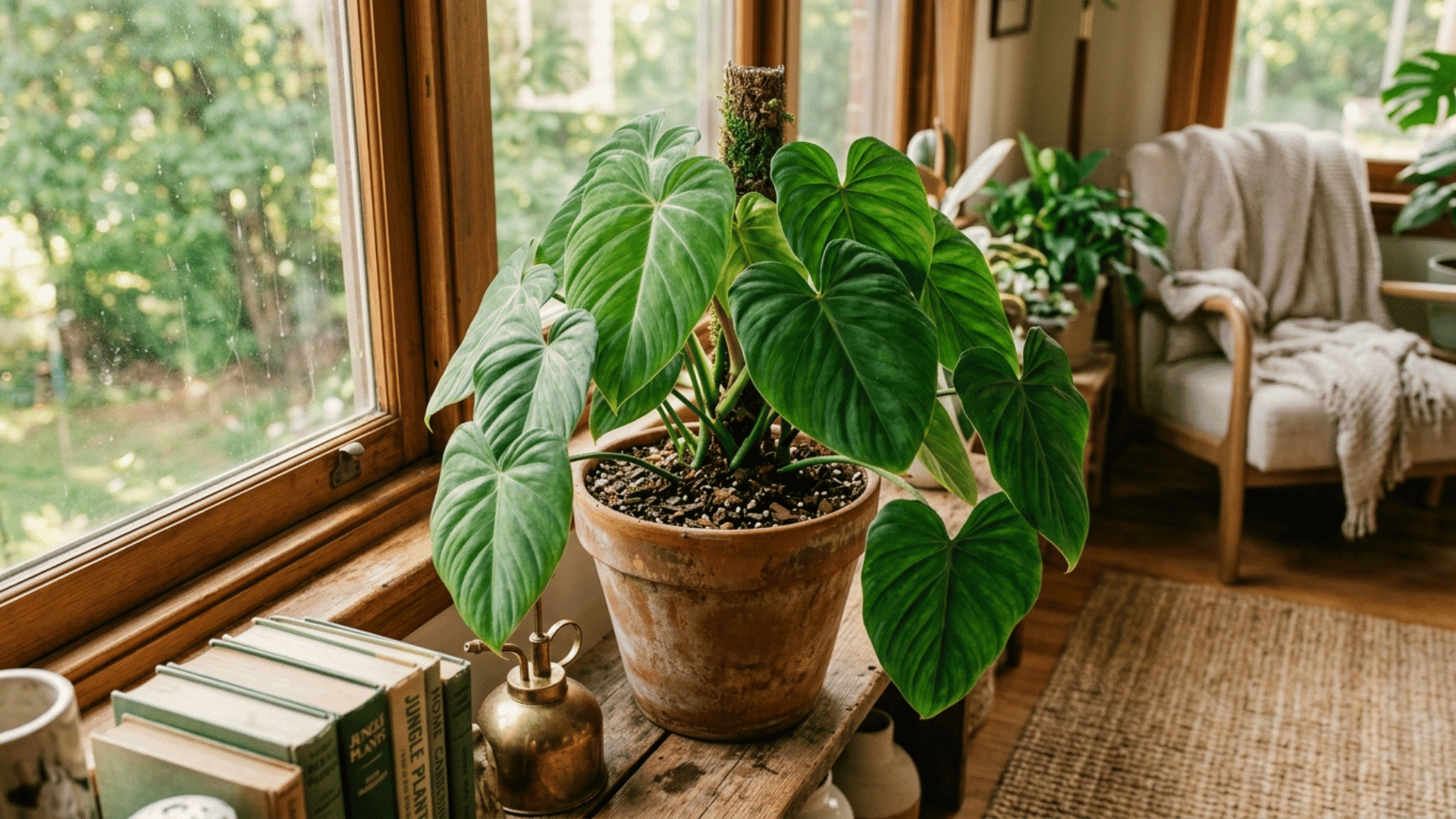 philodendron plant in a terracotta pot placed near a window with soft sunlight in a warm and comfortable indoor space