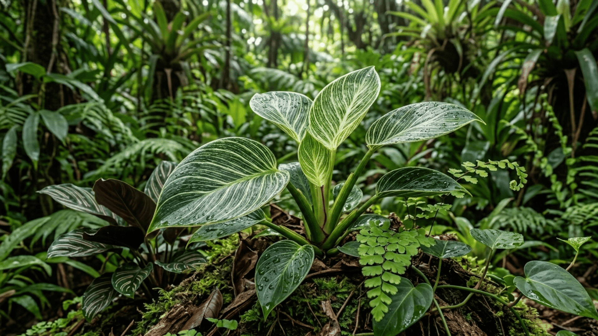 philodendron plant with large green leaves on forest floor.