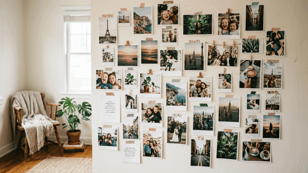 photo collage wall with printed pictures arranged in a creative grid using tape and clips.