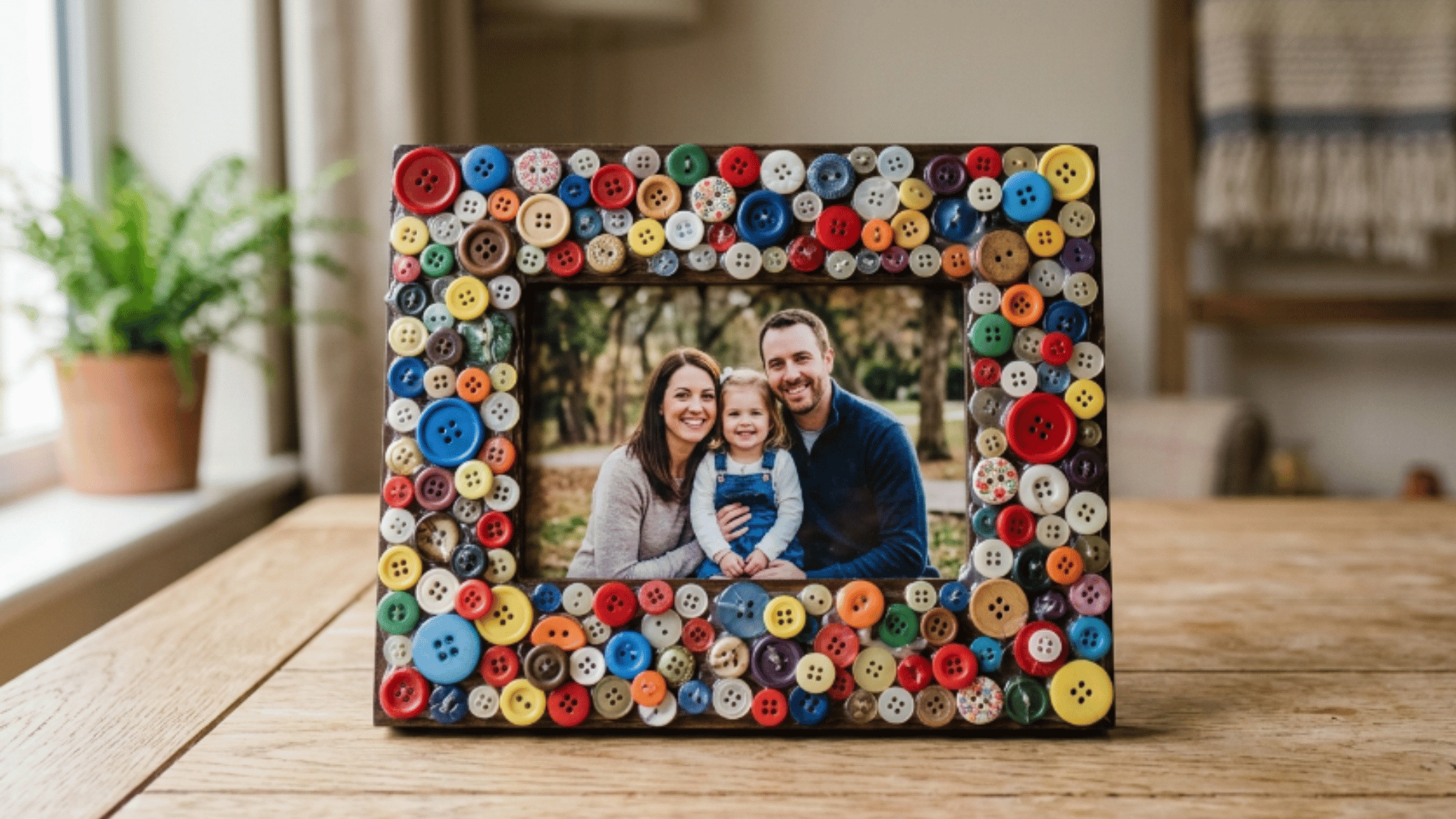 photo frame decorated with colorful buttons arranged around edges placed on neutral table with soft lighting