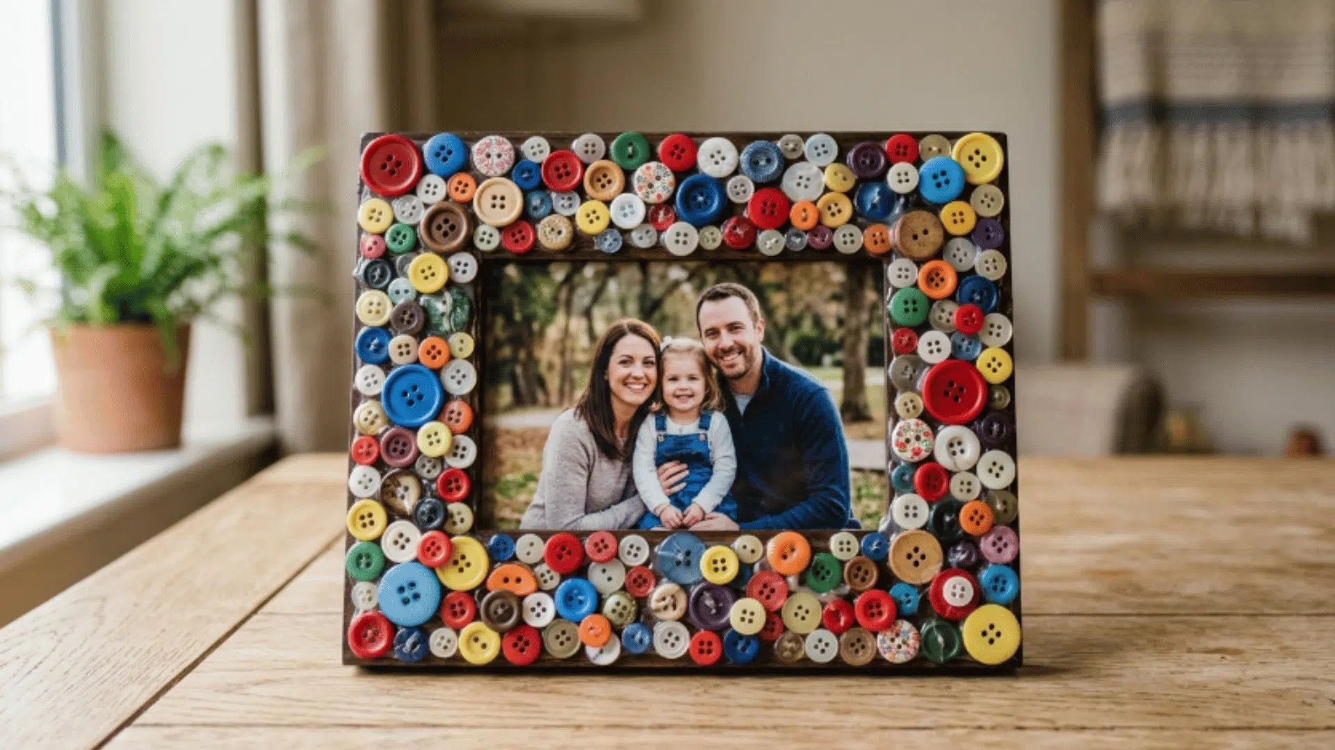 photo frame decorated with colorful buttons arranged around edges placed on neutral table with soft lighting