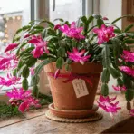pink christmas cactus in a terracotta pot on a windowsill with snowy outdoor view and cozy holiday decorations inside