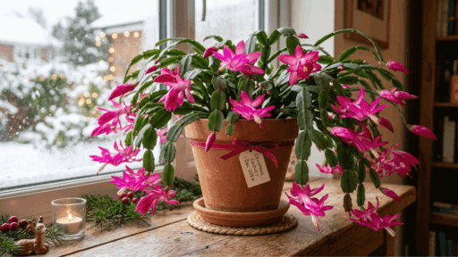 pink christmas cactus in a terracotta pot on a windowsill with snowy outdoor view and cozy holiday decorations inside
