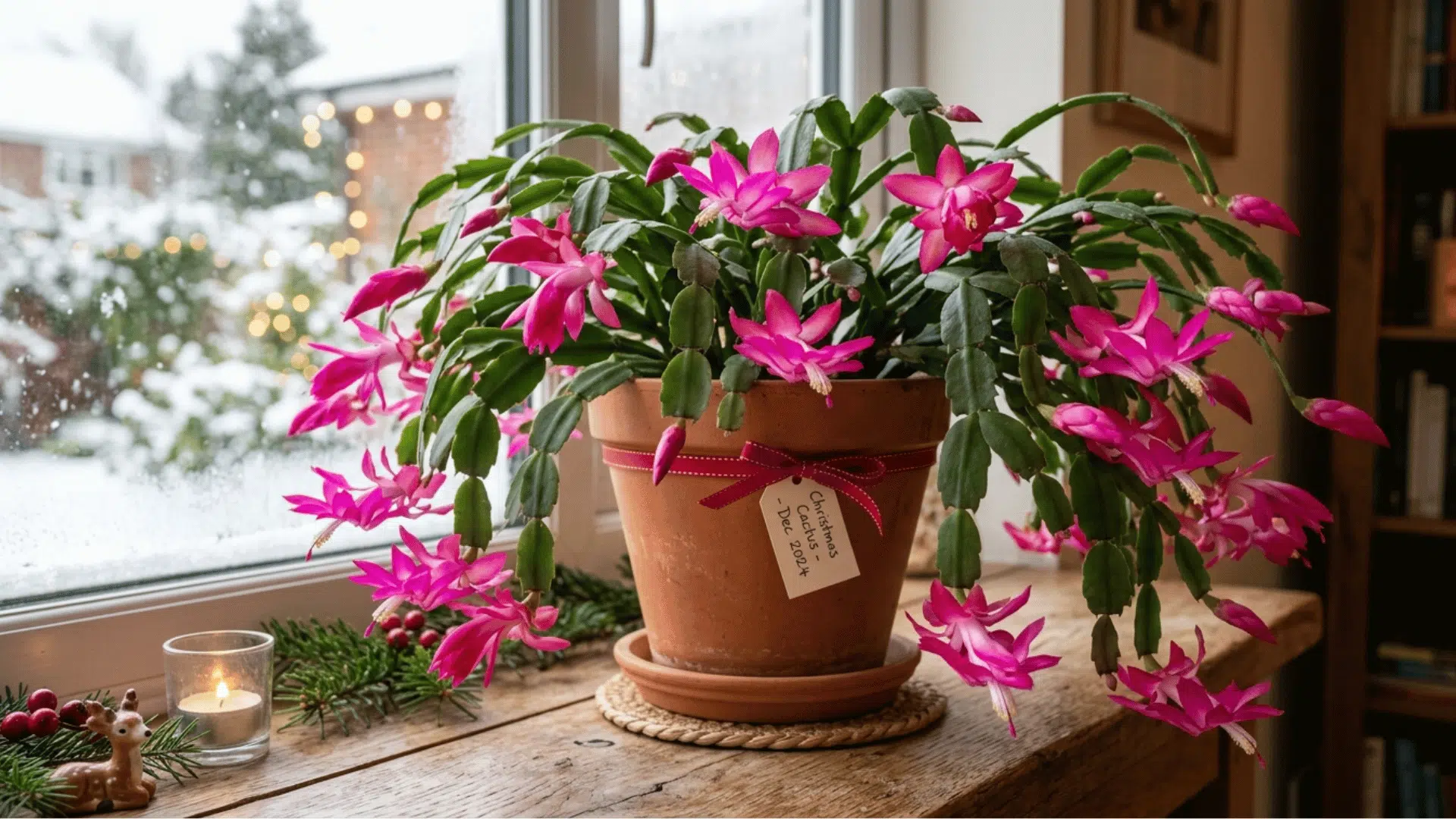 pink christmas cactus in a terracotta pot on a windowsill with snowy outdoor view and cozy holiday decorations inside