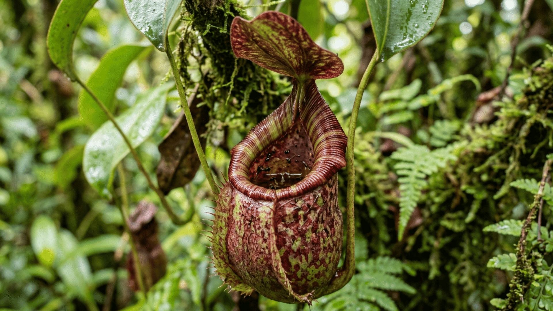 pitcher plant with open trap in tropical rainforest.