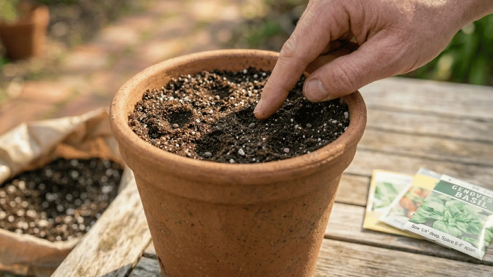 placing basil seeds into soil in a terracotta pot by hand.