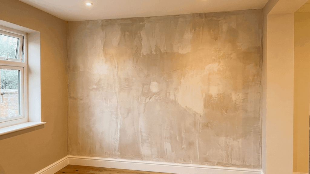 plain grey gloved hands resting on a drying plaster wall with subtle color variation under warm indoor ceiling light