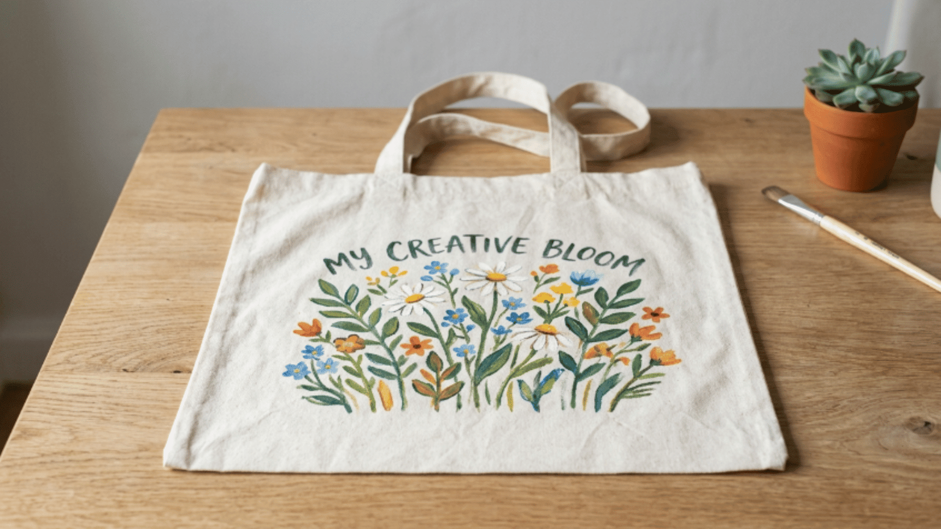 plain tote bag with hand painted design placed on neutral surface in soft light with clean simple background