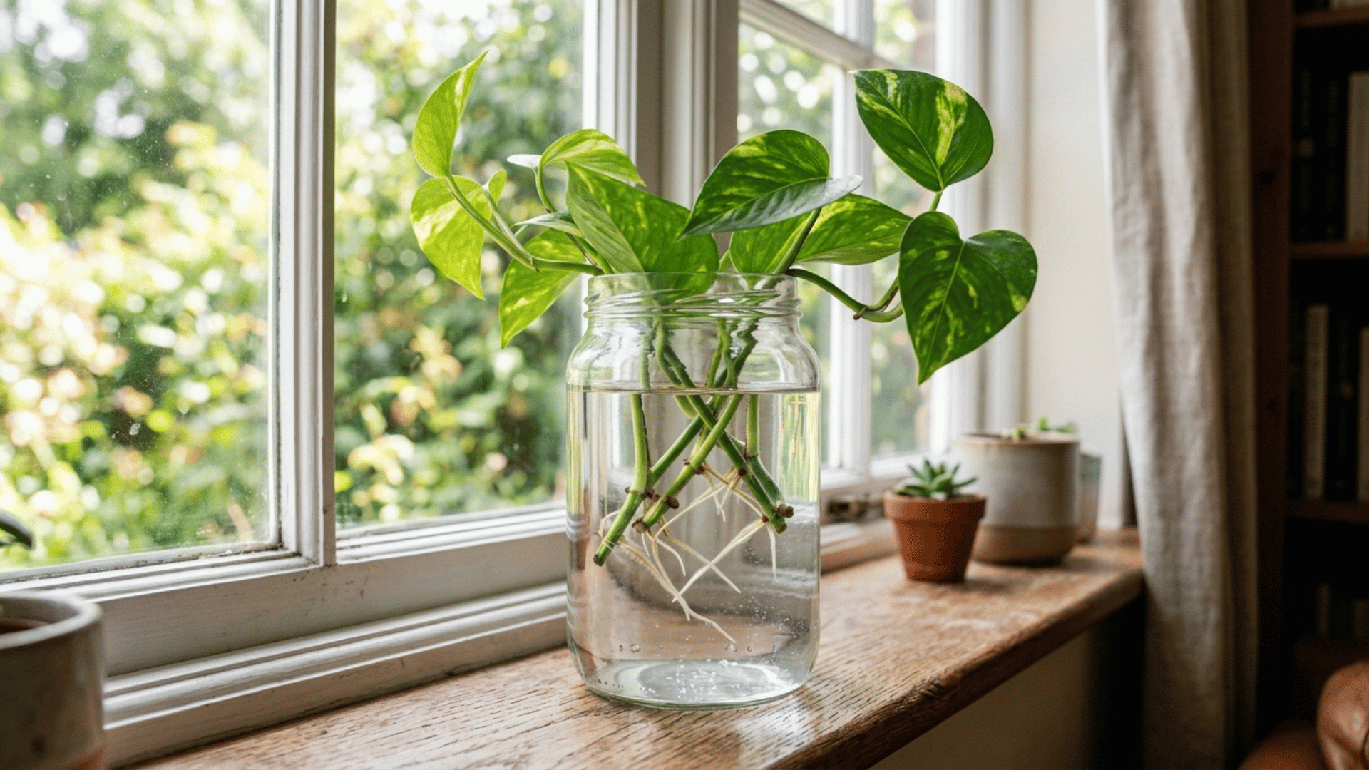 plant cuttings rooting in a glass jar filled with water on a windowsill, showing visible roots and healthy green leaves