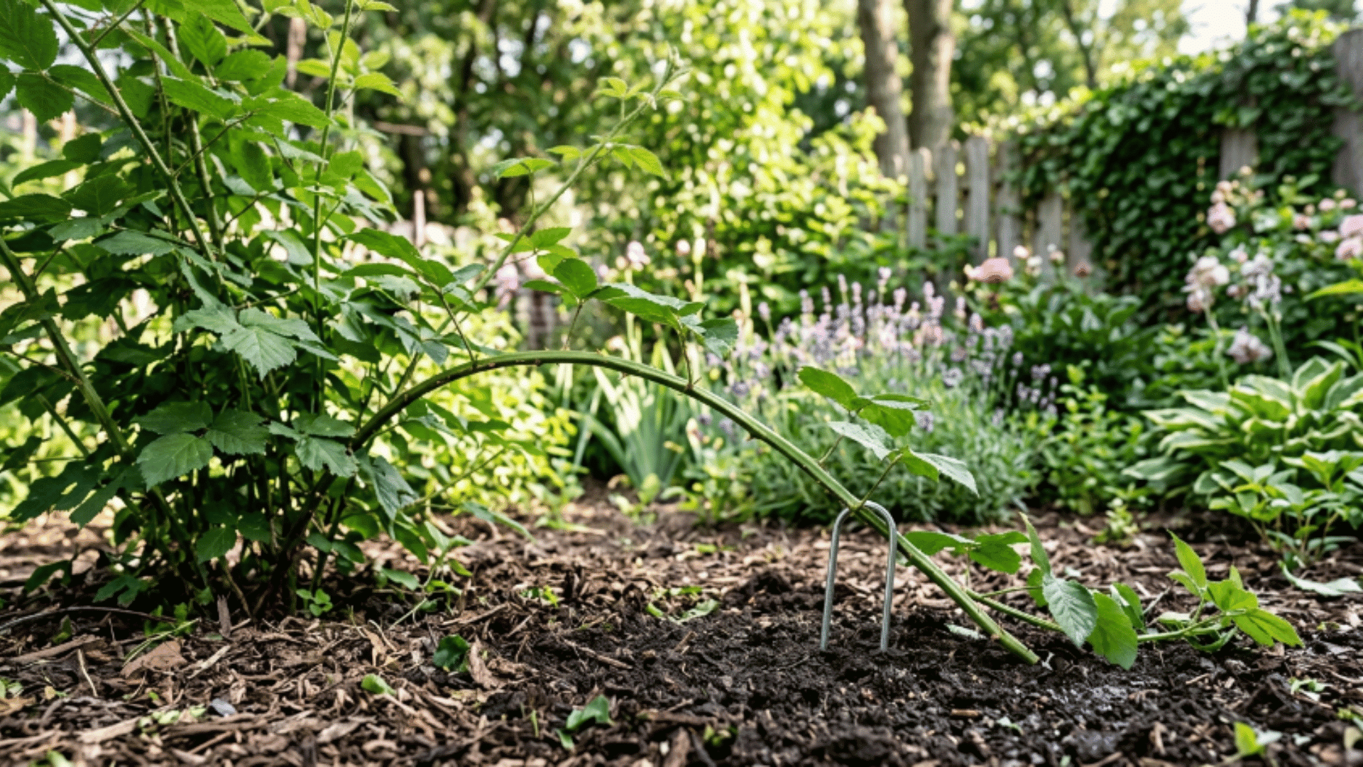 plant stem bent and pinned into soil for layering, showing root formation process in a backyard garden setting