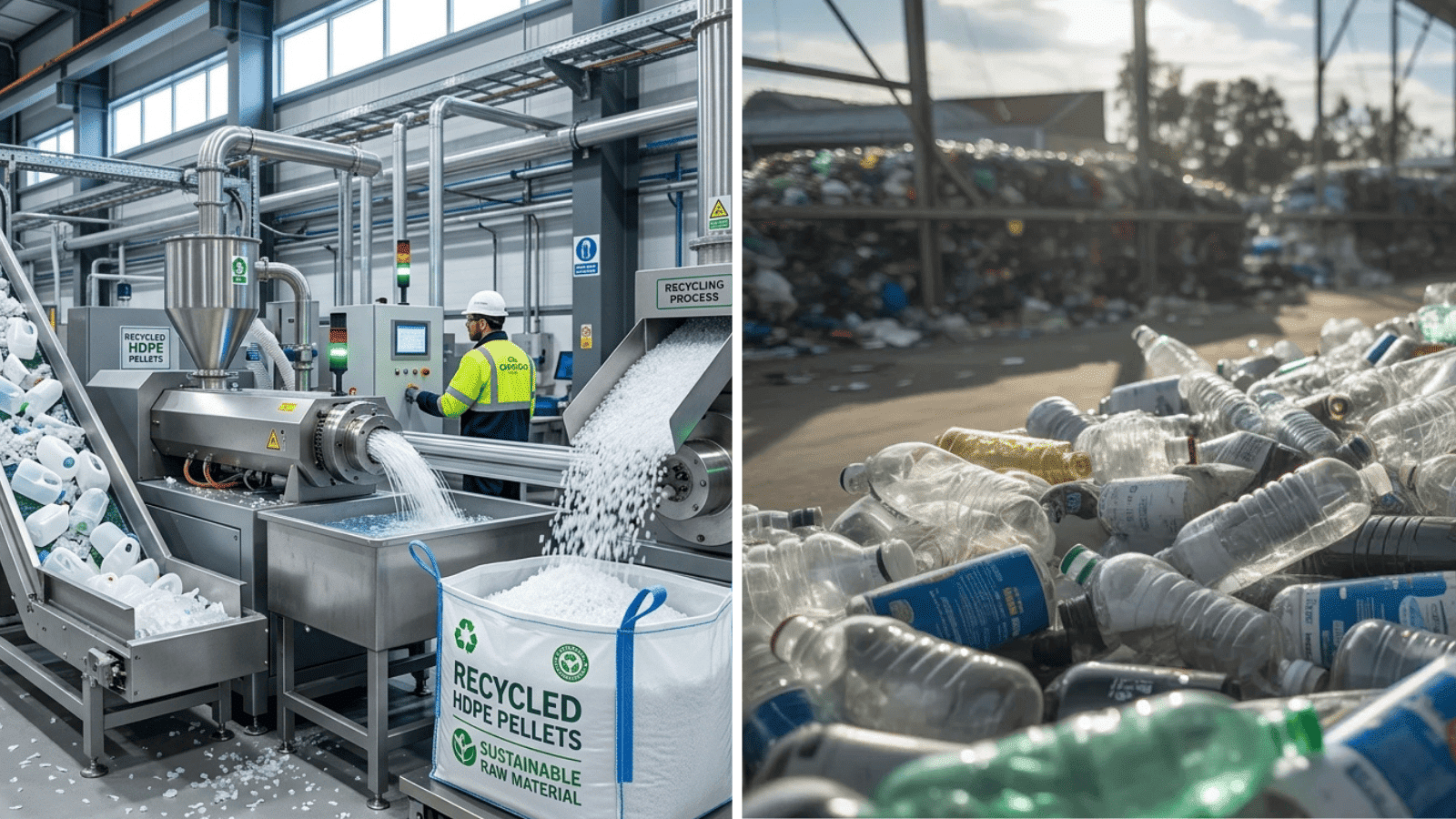 plastic recycling facility processing bottles into reusable pellets alongside a pile of discarded plastic waste awaiting sorting