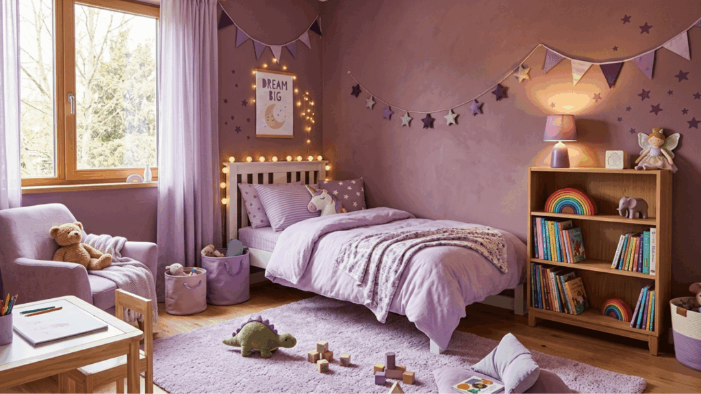 playful kids room with dusty plum walls, lavender bedding, and soft purple accents