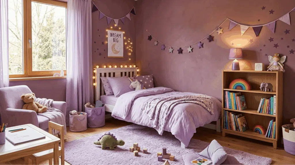 playful kids room with dusty plum walls, lavender bedding, and soft purple accents