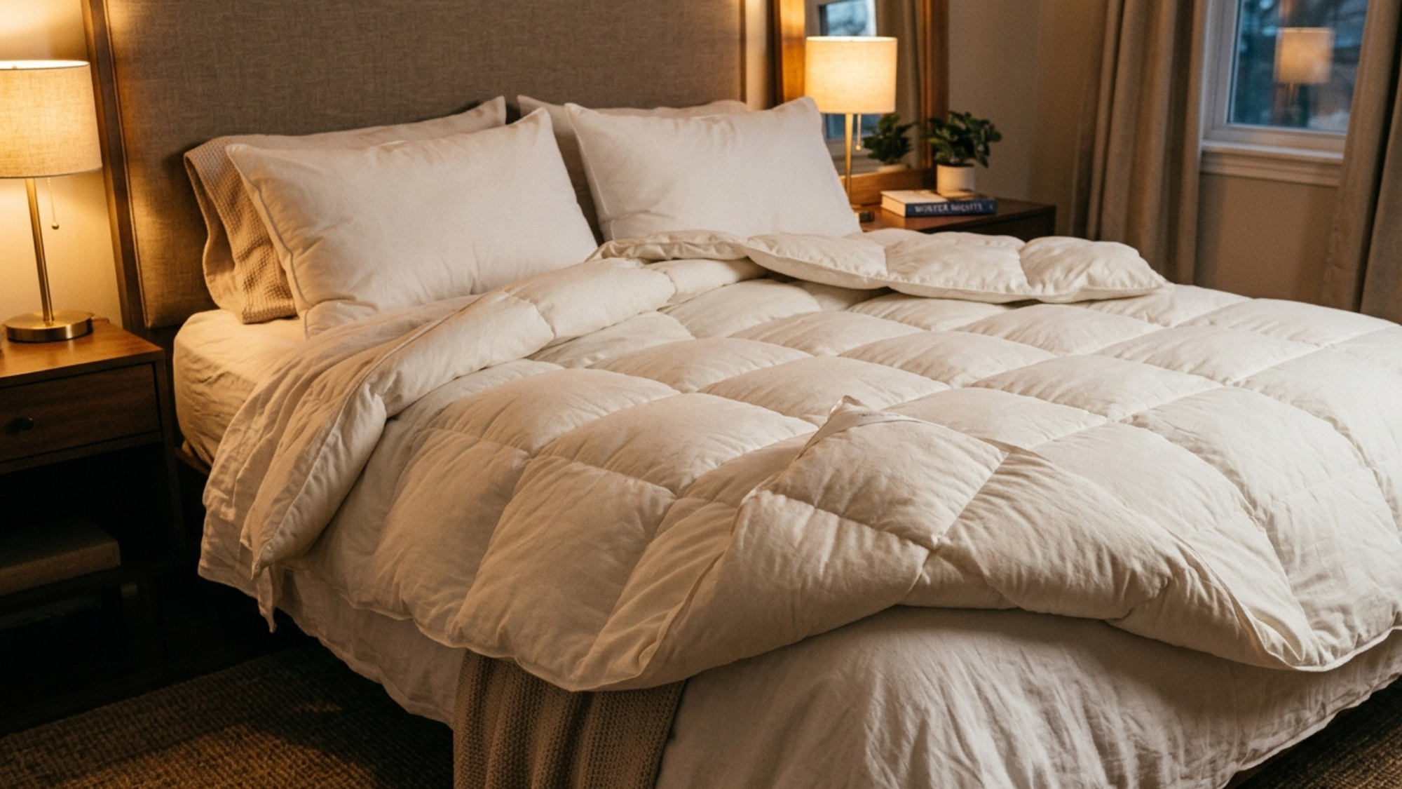 plush quilted comforter draped over a cozy bed with soft lighting and bedside lamps