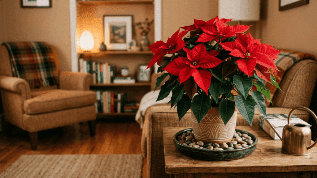 poinsettia plant in a warm indoor space away from vents with a small humidity tray nearby