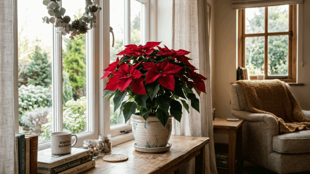 poinsettia plant placed near a bright window with indirect sunlight in a cozy indoor setting