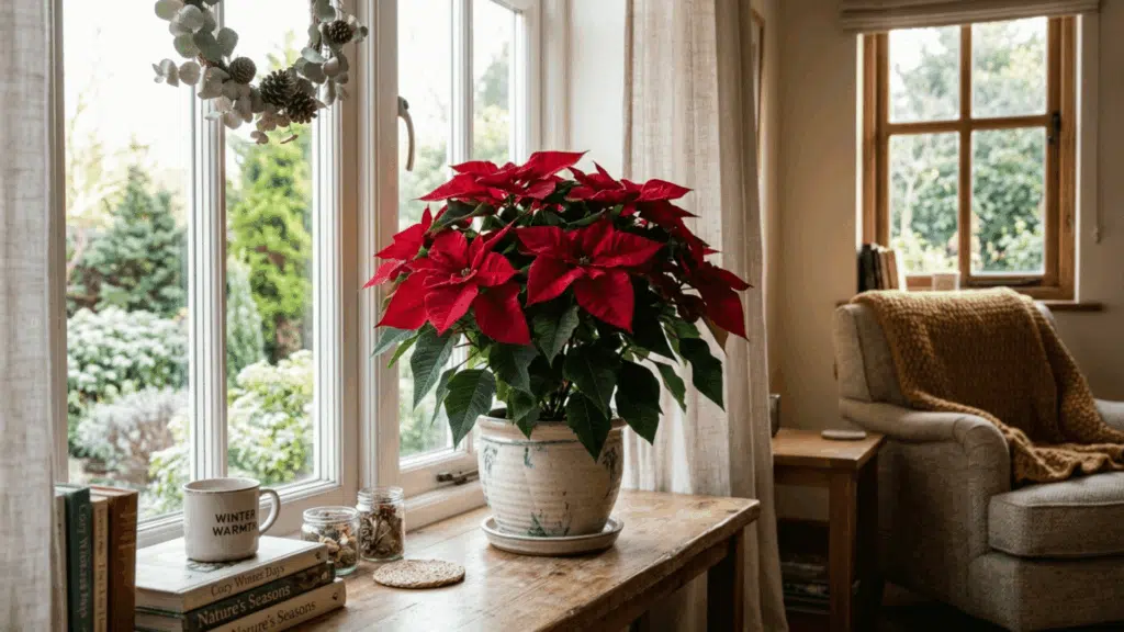 poinsettia plant placed near a bright window with indirect sunlight in a cozy indoor setting