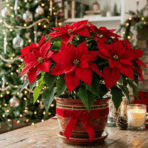 poinsettia plant with red leaves on table near christmas tree and fireplace in a cozy decorated living room