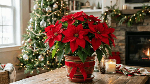 poinsettia plant with red leaves on table near christmas tree and fireplace in a cozy decorated living room