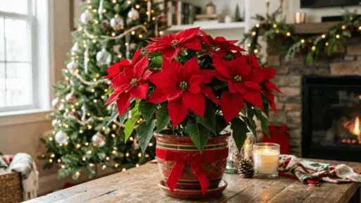 poinsettia plant with red leaves on table near christmas tree and fireplace in a cozy decorated living room