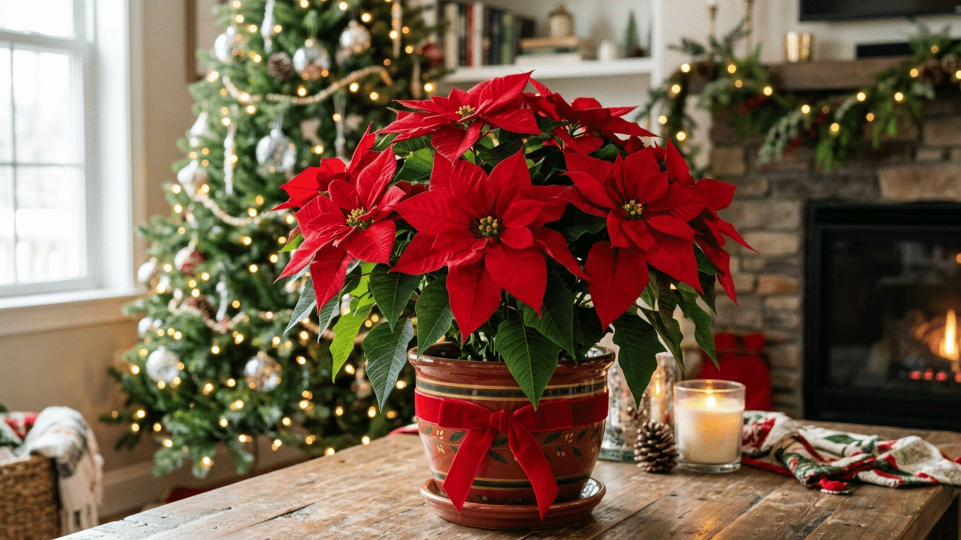 poinsettia plant with red leaves on table near christmas tree and fireplace in a cozy decorated living room