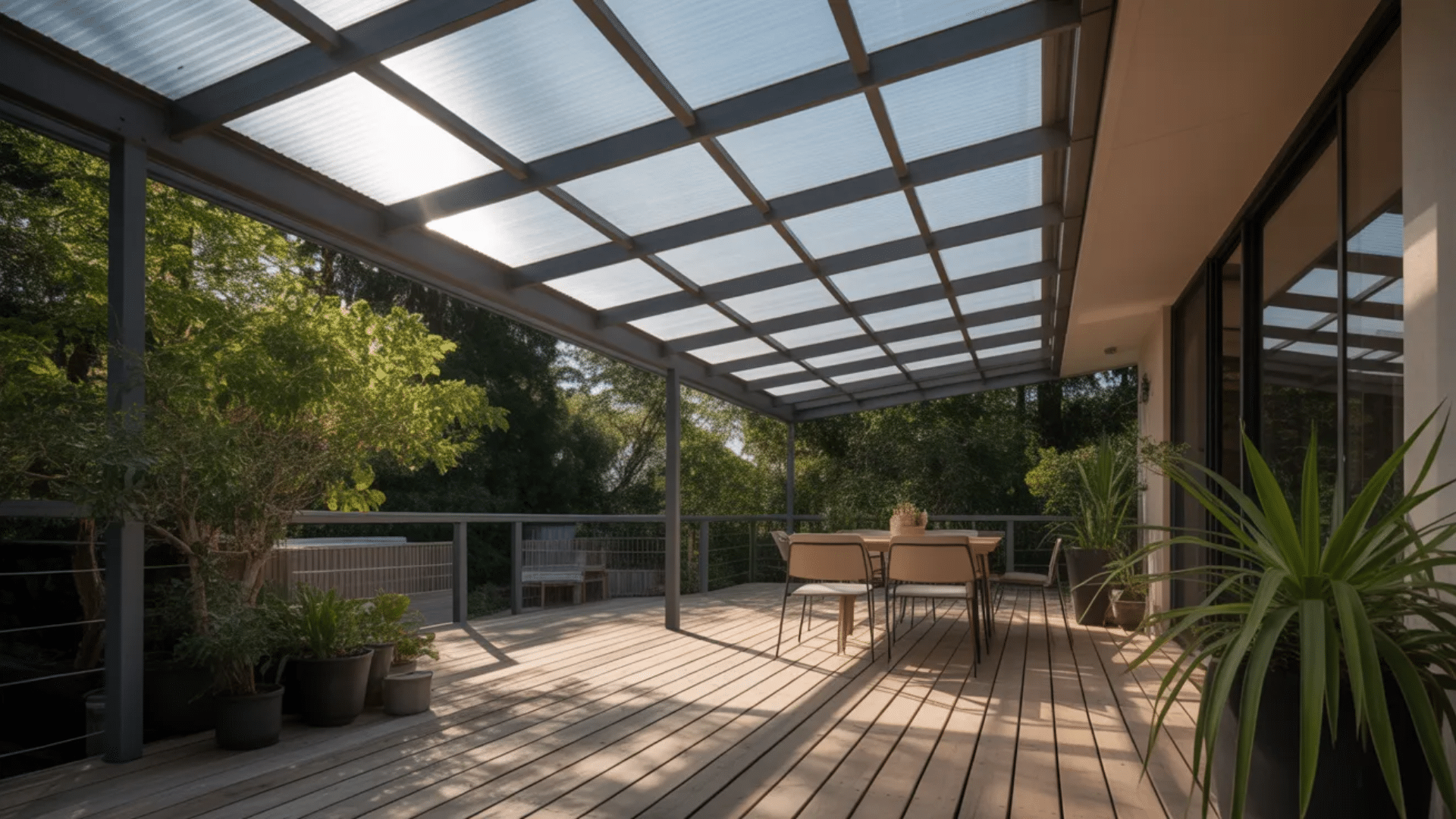 Polycarbonate panels with clear roofing, wooden floor, and potted plants, providing a cozy outdoor dining area