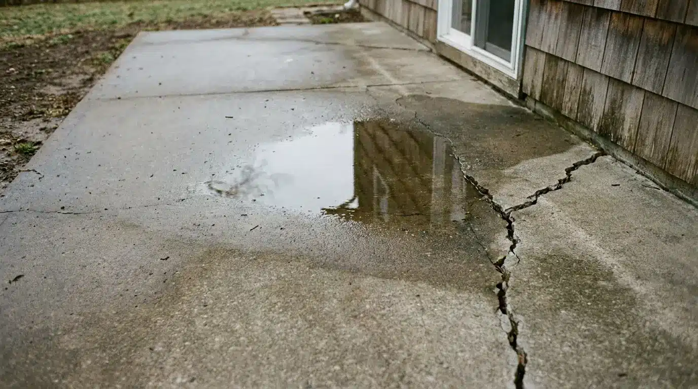 Cracked concrete patio with rainwater puddle near wooden siding of house