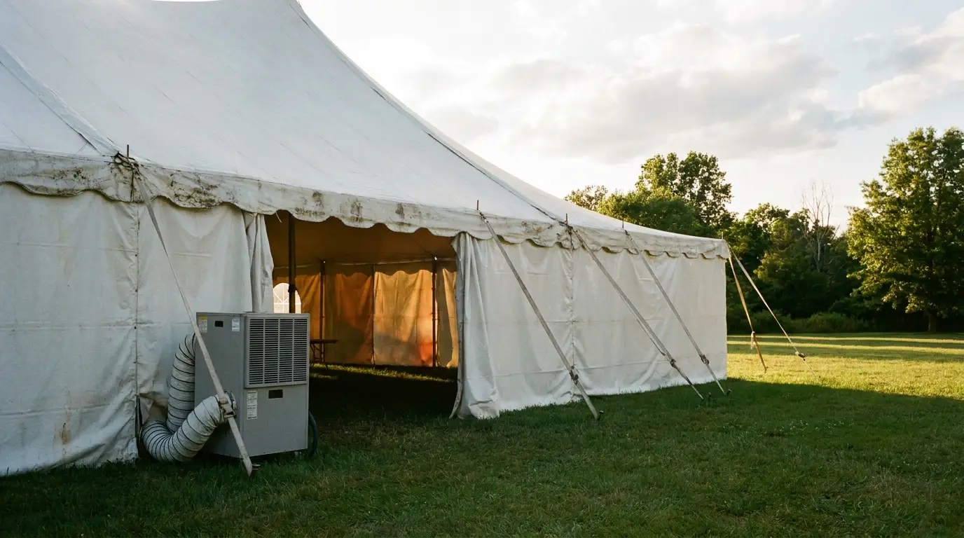 Large white event tent with air conditioning unit on grassy field