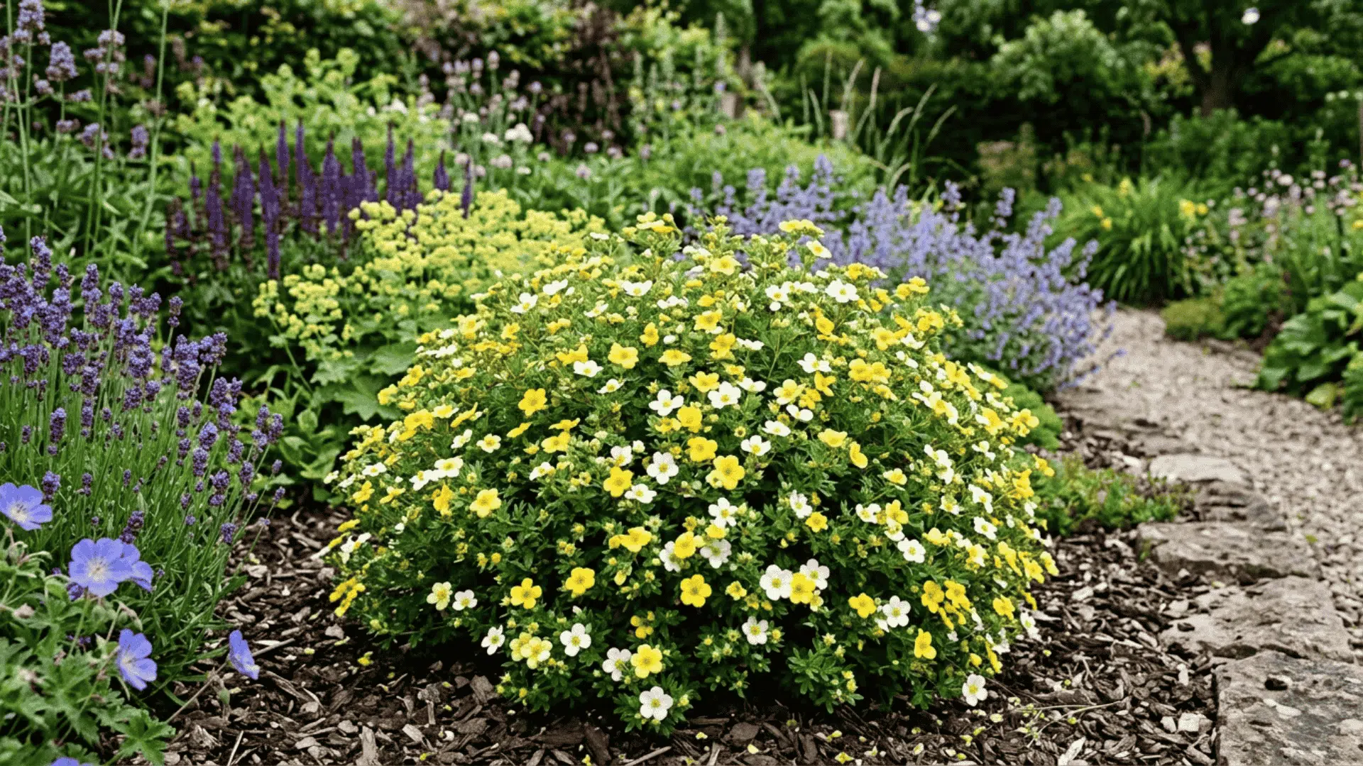 potentilla shrub covered in small cheerful yellow and white flowers blooming in a sunny garden border in summer