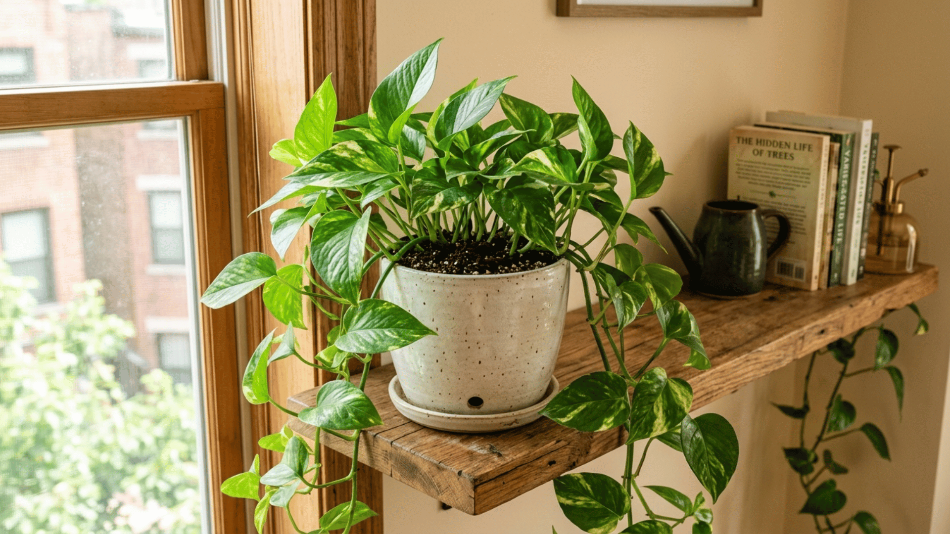 pothos plant in a ceramic pot placed on a wooden shelf near a bright window with natural light in a cozy indoor setting