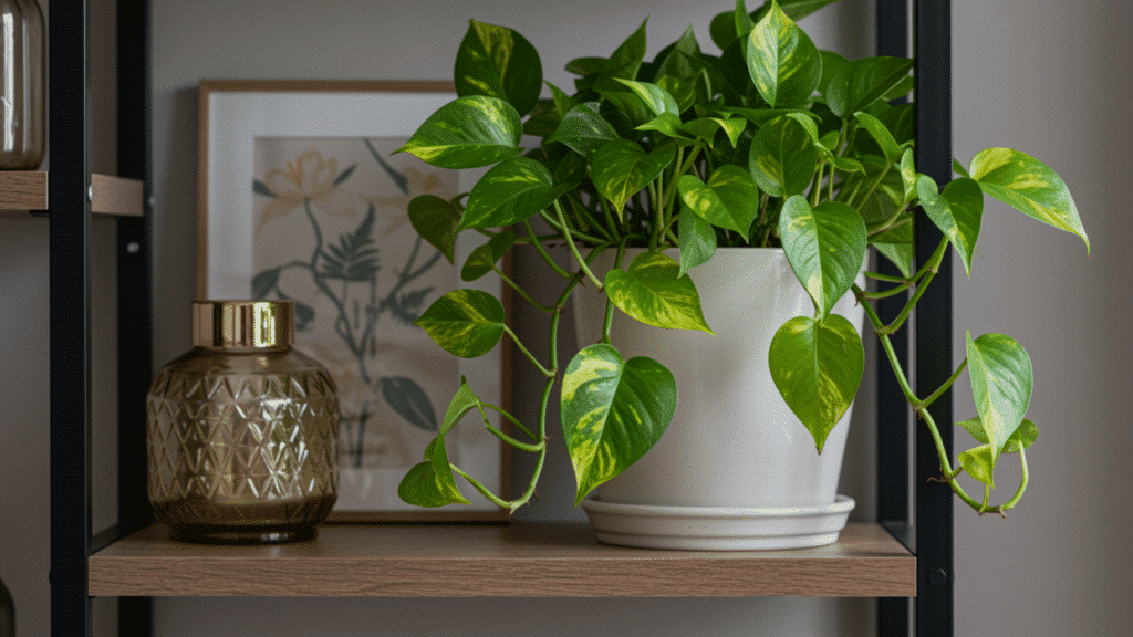 pothos plant with trailing green leaves on wooden shelf, decorative jar and framed art behind, and soft indoor lighting