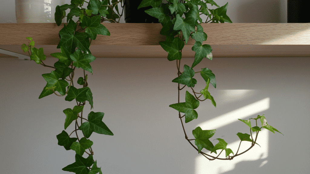 pothos plant with trailing green leaves on wooden shelf, decorative jar and framed art behind, and soft indoor lighting
