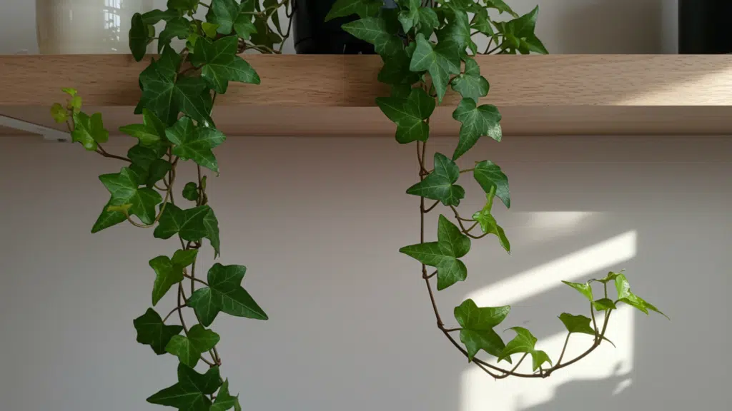 pothos plant with trailing green leaves on wooden shelf, decorative jar and framed art behind, and soft indoor lighting