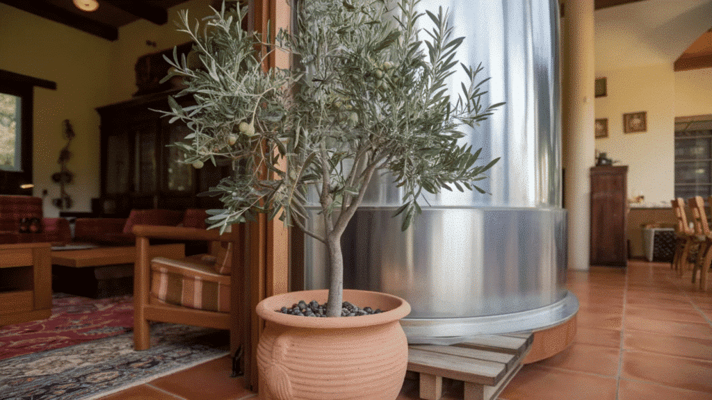 potted olive tree in terracotta planter on tile floor inside rustic home