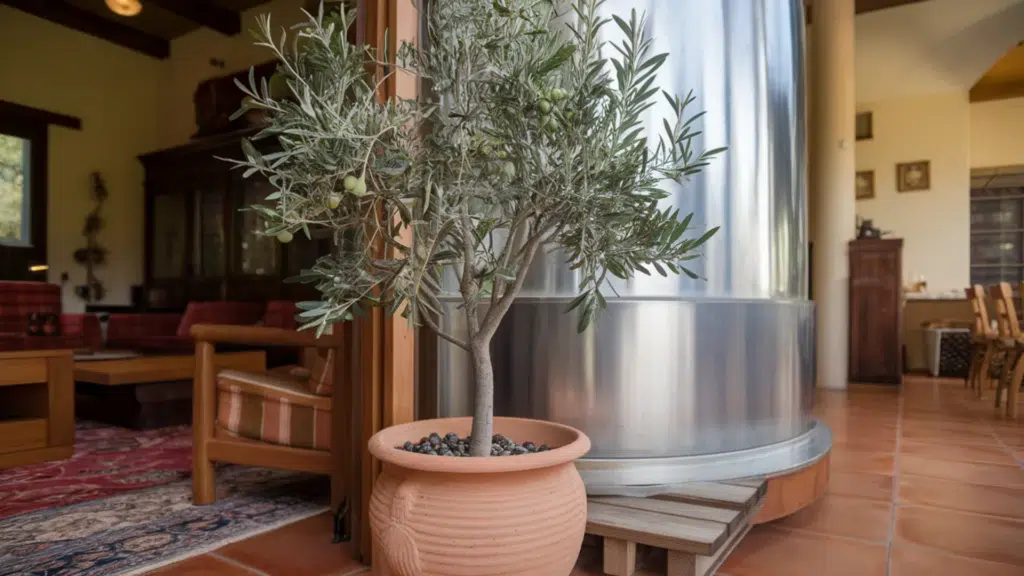 potted olive tree in terracotta planter on tile floor inside rustic home
