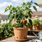 potted pepper plant with green and ripening peppers on sunny balcony table with watering can and nearby urban buildings