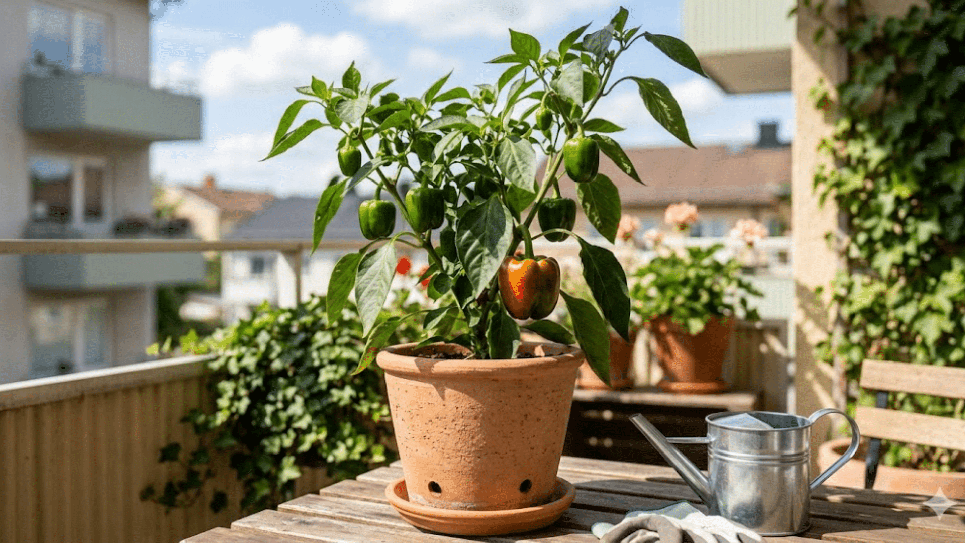 potted pepper plant with green and ripening peppers on sunny balcony table with watering can and nearby urban buildings
